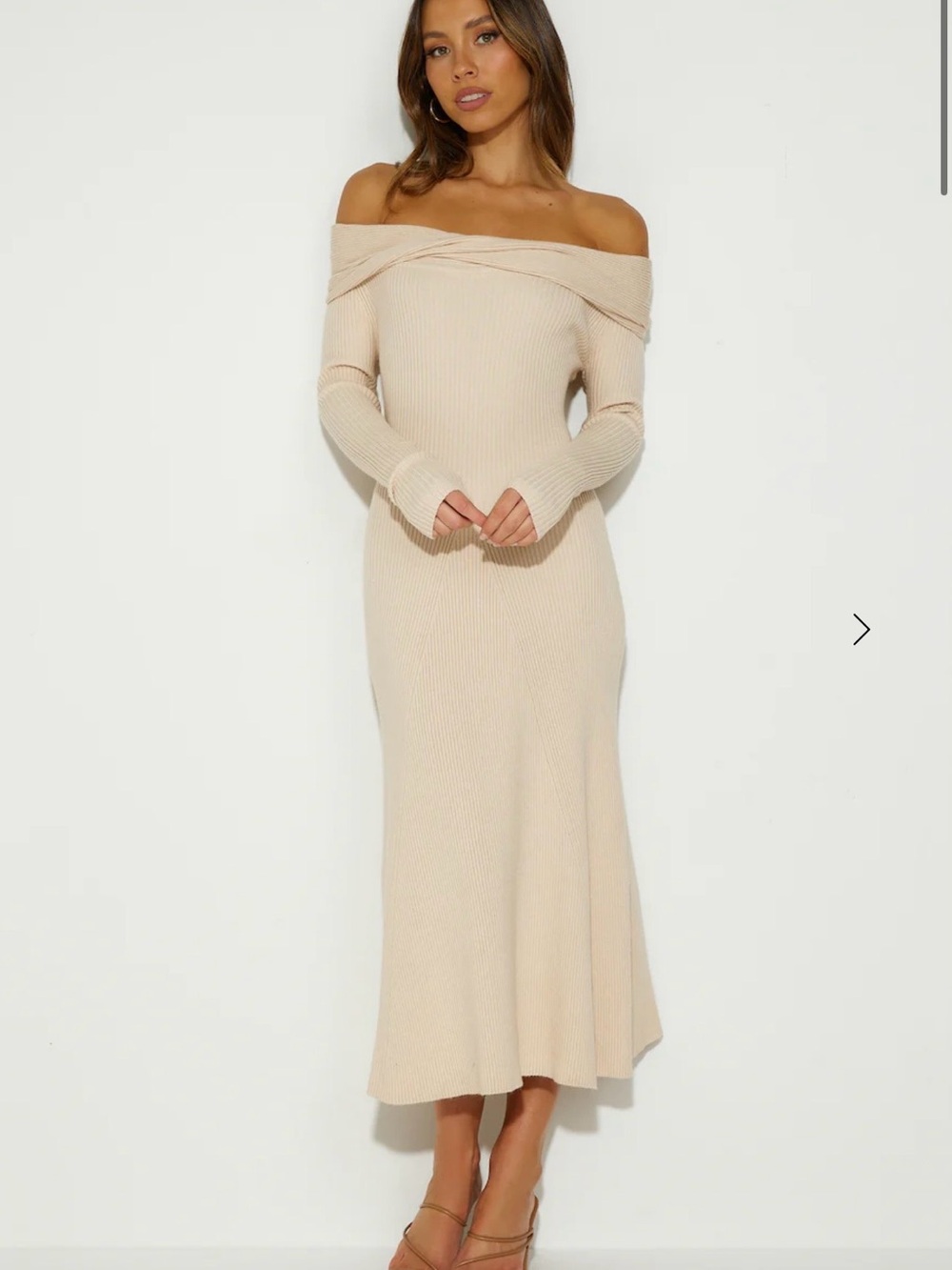 Hello Molly Off-Shoulder Ribbed Knit Midi Dress in Beige